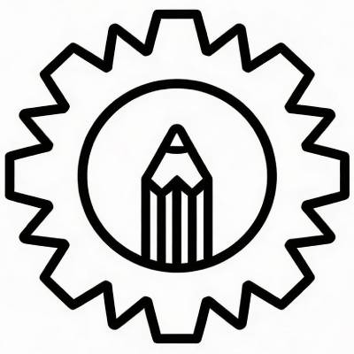 A pencil icon inside a gear shape symbolizing creativity and engineering.