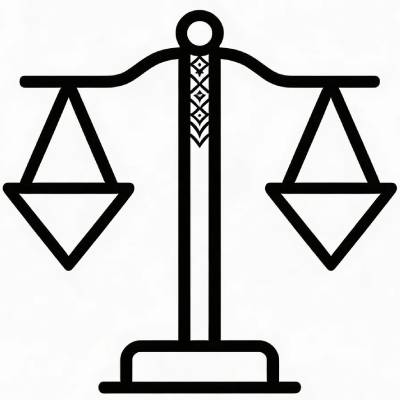 A simple black and white illustration of a balanced scale.