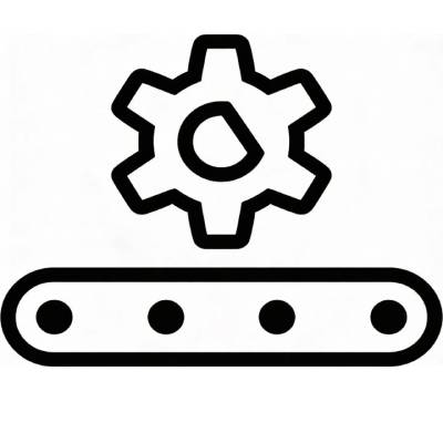 Icon of a conveyor belt with a gear above it.