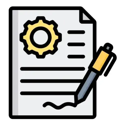 Document with a gear symbol and a pen signing it.