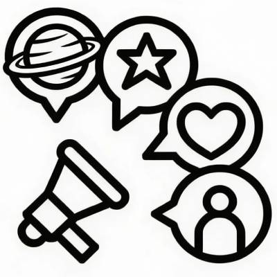 Megaphone with various social media icons representing communication and engagement.