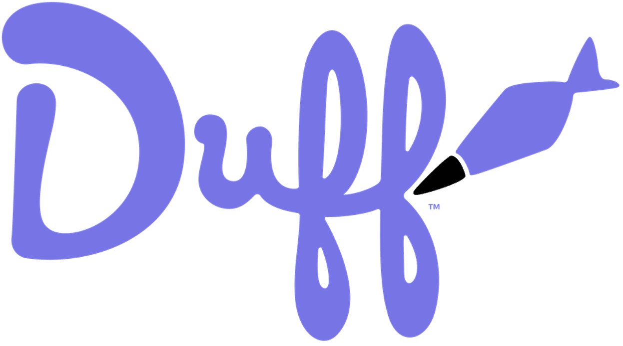 A stylized word 'Duff' in purple with a black arrow accent.