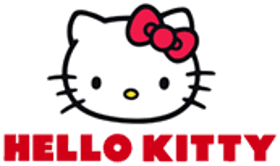 Hello Kitty face with red bow and partial text.