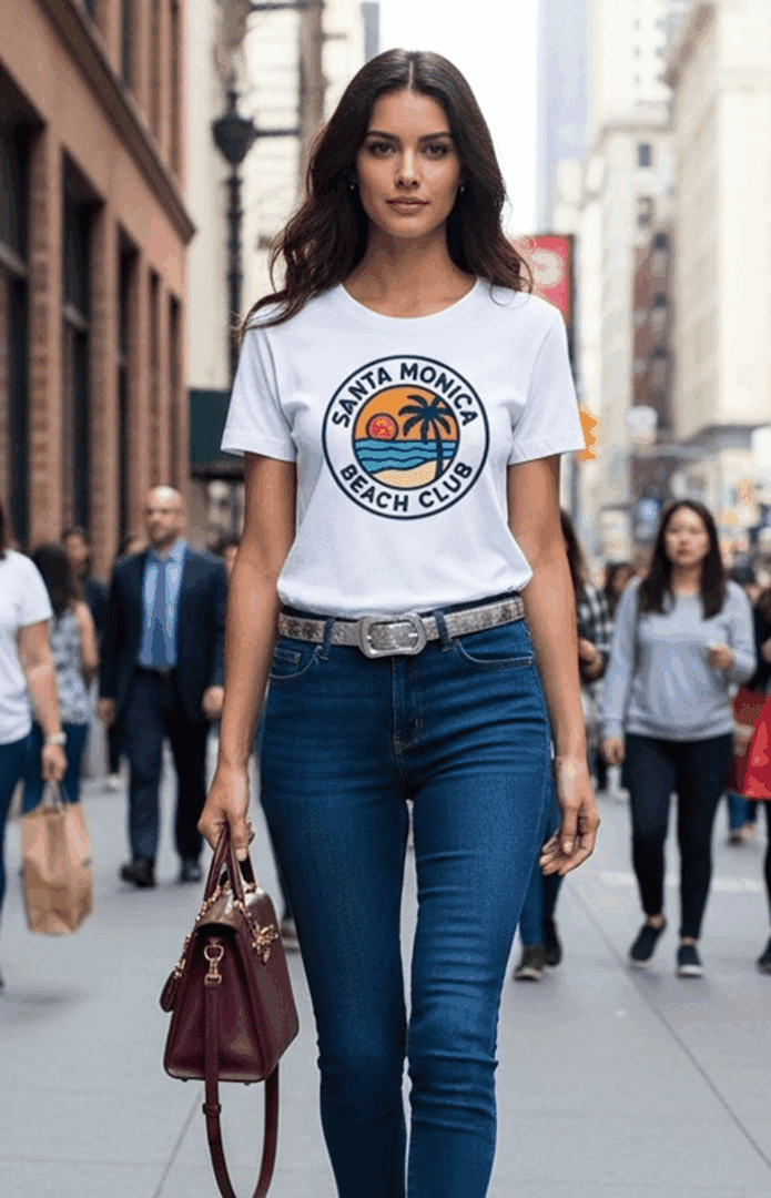 Woman walking on a busy street wearing a casual graphic tee and jeans.