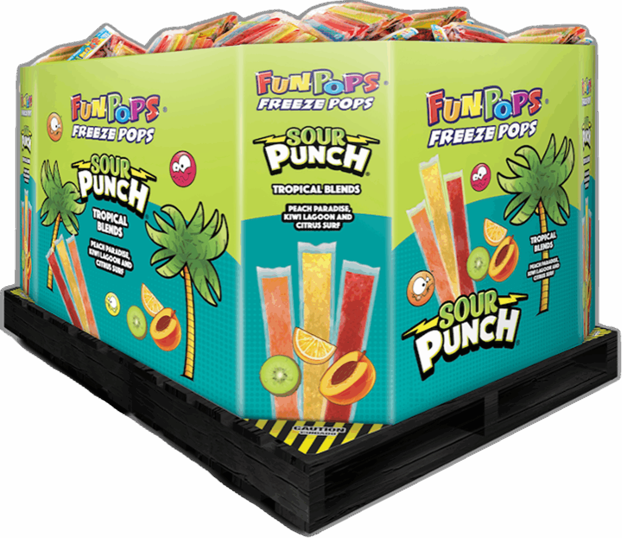 Colorful boxes of Fun Pops Sour Punch frozen popsicles.
