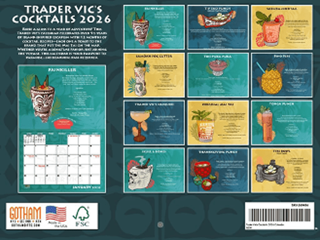 Trader Vic's cocktail recipes calendar for 2024 with vibrant illustrations and detailed instructions.