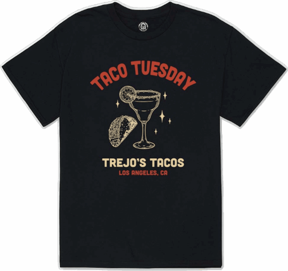 Black T-shirt with 'Taco Tuesday' and Trejo's Tacos logo.
