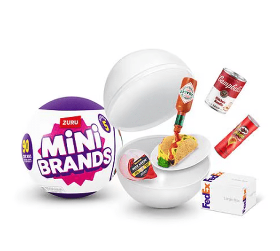 Mini Brands toy set with miniature food items and packaging.