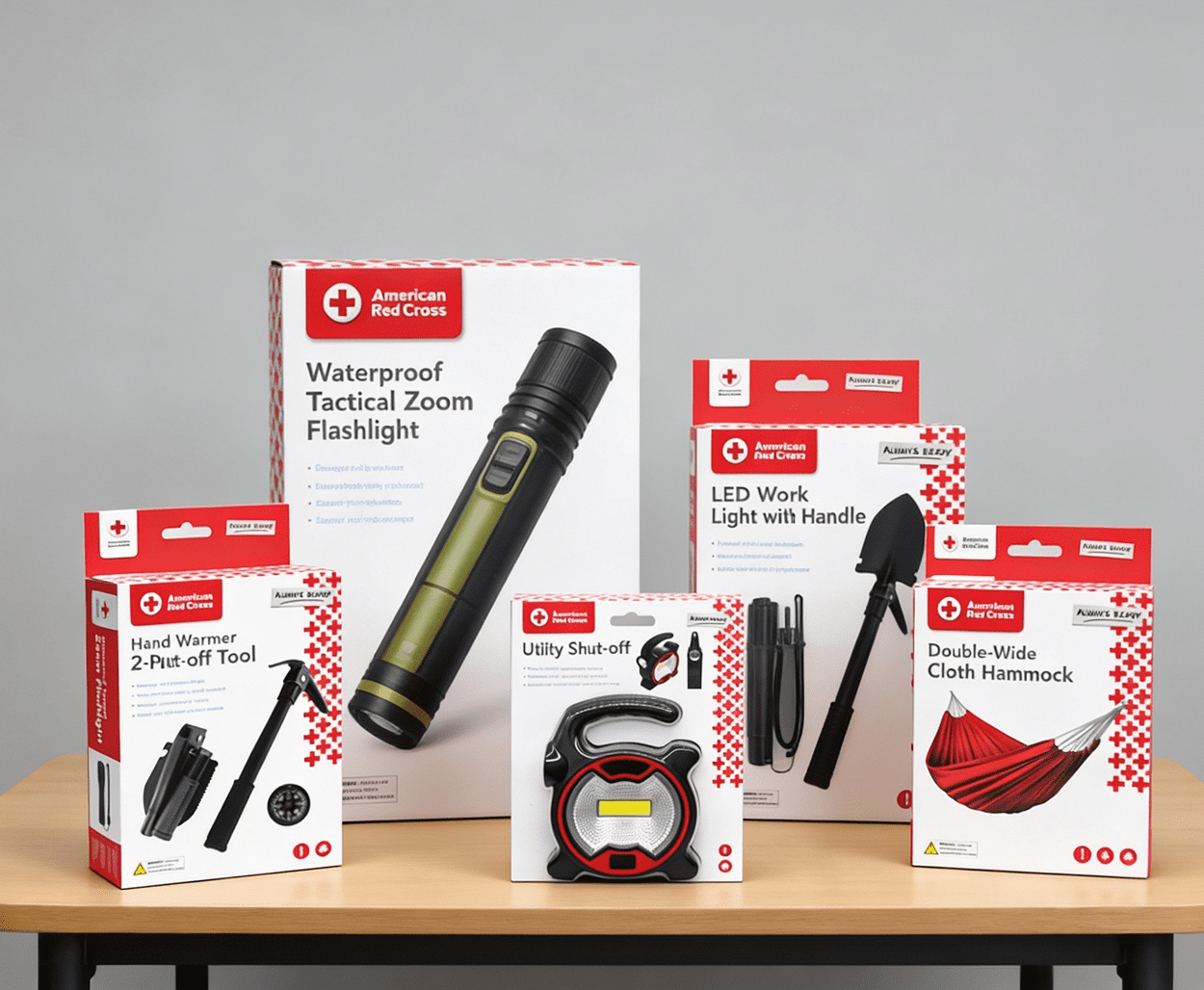 A display of various tech and gadget accessories including a flashlight and cables.