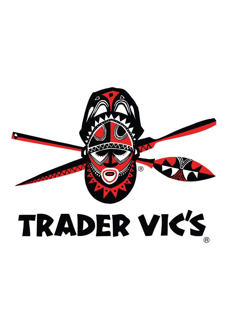 Logo of Trader Vic's featuring a tribal mask and crossed spears.